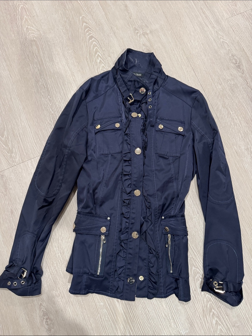White House Black Market Navy Ruffle-Trim Utility Jacket